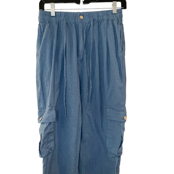 Fab NU Cotton‎ Linen Blend Blue Teal Cargo Tapered High Rise Pants Outdoors sz S - Picture 3 of 5